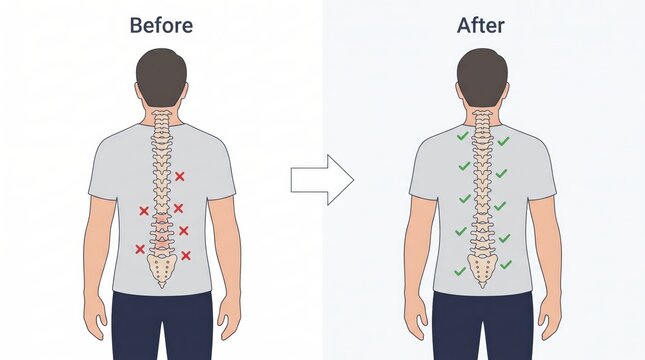 Before and after comparison illustration of human spine correction and posture improvement, showing back pain relief and skeletal alignment, medical health, chiropractic adjustment