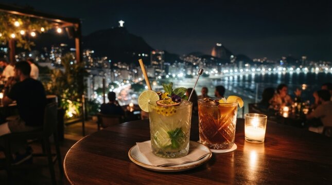 Traditional Caipirinha Cocktails with Lime at Brazilian Waterfront Nightlife