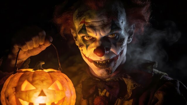 Creepy evil clown holding a glowing jack-o-lantern in dark smoky mist
