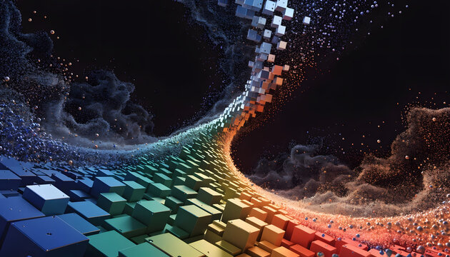 Dynamic flowing curve of multicolored geometric cubes. Artificial intelligence data streams and digital transition. Pixels morphing into dust