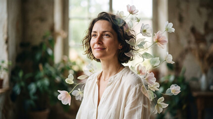 Fototapeta premium Peaceful Woman Surrounded by Blossoming Flowers in Rustic Interior Watercolor Style