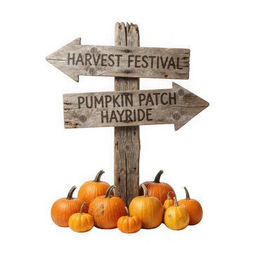 Wooden signpost for harvest festival, pumpkin patch, and hayride, isolated on transparent background