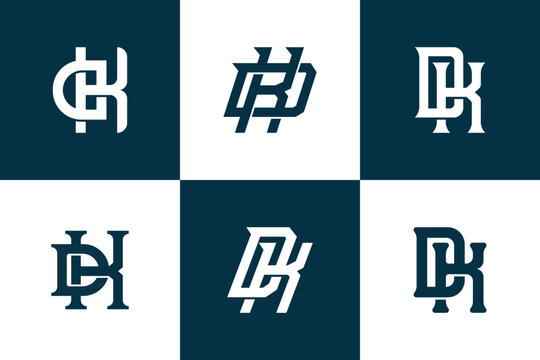 Modern interlocking letter D and K monogram logo set for corporate and sports branding identity