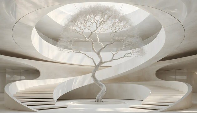 Minimalist white tree inside modern spiral staircase hall. Pure futuristic architecture and interior design. Bonsai standing in sunlit museum