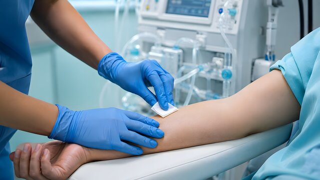Healthcare Professional Preparing Vascular Access Site Before Hemodialysis