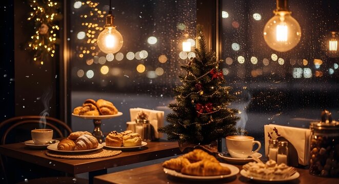 Festive Christmas Dinner Table with Decor and Warm Lighting