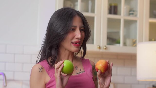 Content creator live streaming cooking show with neon "on air" sign, food vlogger gesturing while presenting fresh vegetables and fruits, healthy eating tutorial recording concept