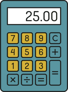 Blue digital calculator with yellow buttons showing result twenty five on screen accounting machine.