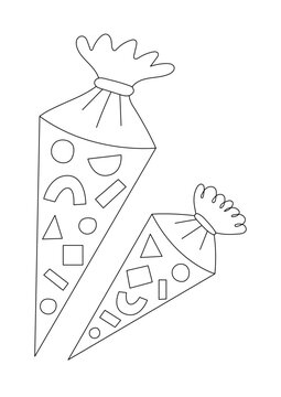 School Cone with Geometric Shape Coloring Page. German Candy Cone Coloring Book. Outline School Start for Children. Back to School Vector Template for Coloring Drawing