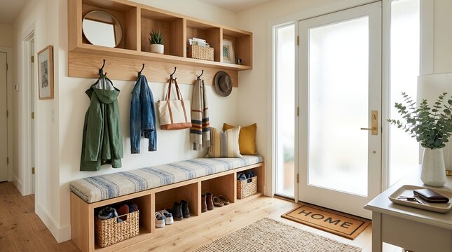 Cozy entryway bench with storage and coat hooks near a bright door.