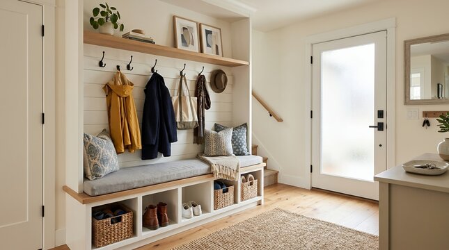 Cozy entryway bench with storage and coat hooks.