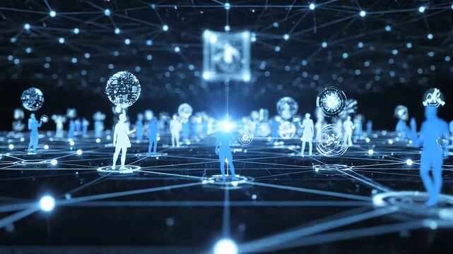 Digital network connection of people in a futuristic cyberspace with glowing connections and avatars