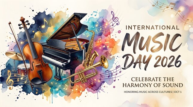 Violin and piano keyboard artwork with colorful watercolor splash background for international music day 2026