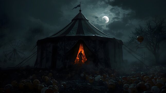 Creepy big top circus tent at night under full moon with orange glow