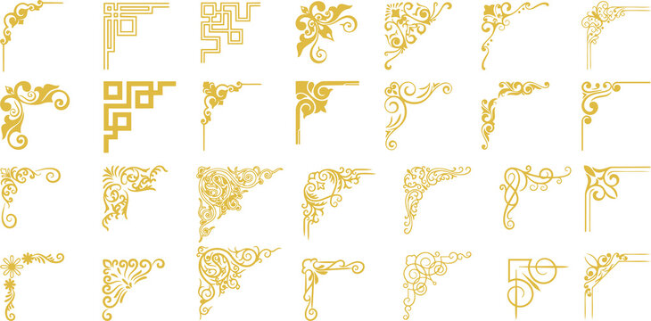 Set of intricate golden vintage corner frames and decorative design elements