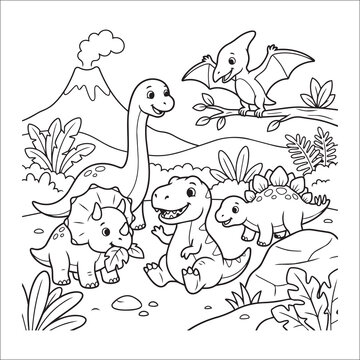 PrinA delightful black and white line art coloring page depicting a group of happy, friendly dinosaurs including a Tt