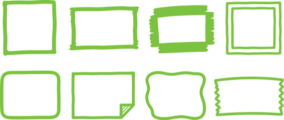 Fototapeta premium Creative Set of Bright Green Hand-Drawn Doodle Frames and Sketchy Borders; Versatile Lime Marker Outlines for Bullet Journaling, Highlighting Notes, and Decorative Graphic Design Projects.
