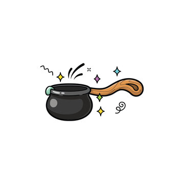 Small black cauldron with a wooden handle, magical sparkles and swirling steam, whimsical kitchenware cartoon white background