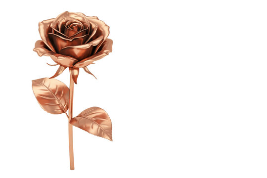 Single metallic copper rose flower with detailed petals and leaves on a stem isolated on a transparent background
