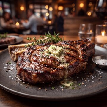 Medium rare ribeye steak with herb butter on dark plate. Garnished with rosemary and bone marrow in rustic restaurant setting