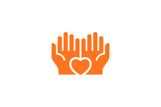 Orange flat vector icon depicting two open cupped hands holding a central heart symbol. This modern minimal graphic represents a charity foundation or voluntary work