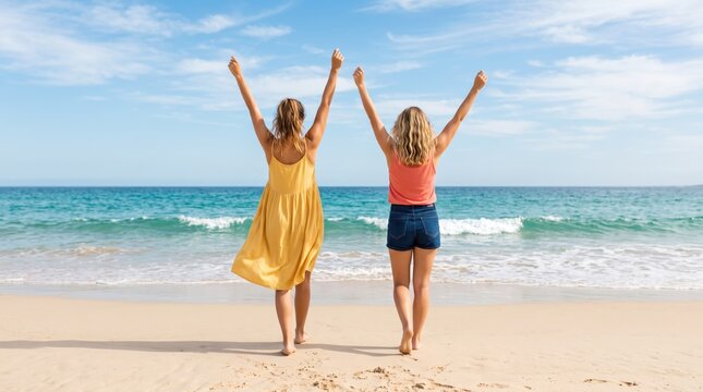 Two happy women friends walking towards ocean waves on sandy beach with arms raised high in celebration of freedom and summer vacation joy, back view of girls enjoying sunny