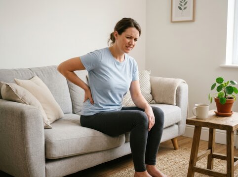 Woman sitting on a grey couch suffering from severe back pain in living room