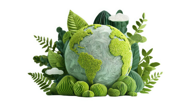 Green planet globe adorned with moss and handcrafted paper leaves represents environmental conservation on a solid background.