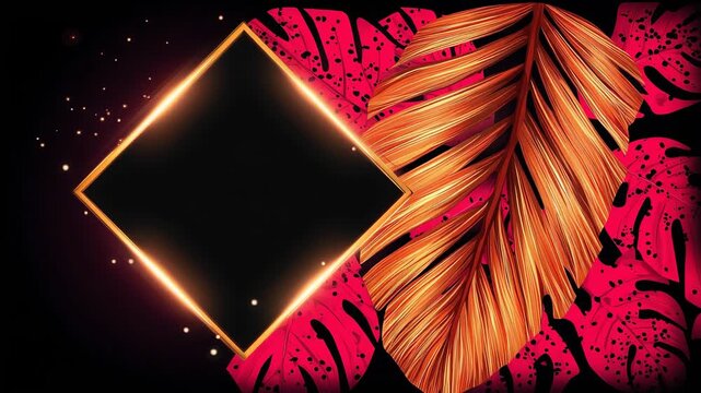 Glowing gold neon rhombus frame with tropical orange palm leaf and pink monstera foliage on dark black background