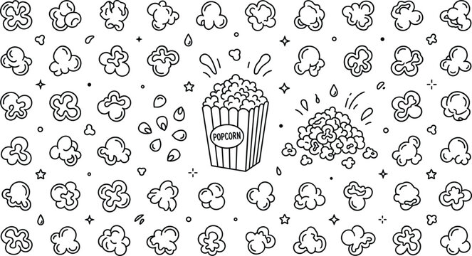 Popcorn box and single kernels seamless pattern vector illustration outline icon set for movie theater snack food