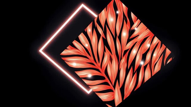 Glowing neon rhombus frame overlapping red tropical leaves texture on dark black background