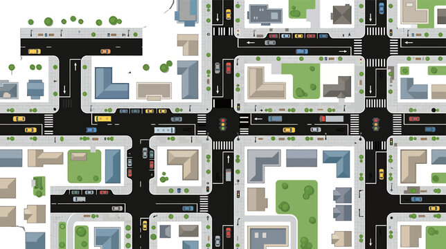 Top down view of a suburban city street map with houses and cars in a flat vector style