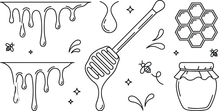 Honey dripping line art vector set with wooden dipper glass jar honeycomb pattern bees and sweet drop icons