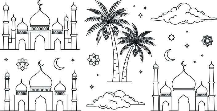 Islamic mosque and palm tree line art vector set with Ramadan Kareem crescent moon stars and cloud elements