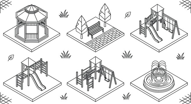Isometric city park playground line art vector set with pavilion fountain bench trees slide and swing landscape elements