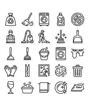 Cleaning and housekeeping icon set vacuum broom bucket vector illustration