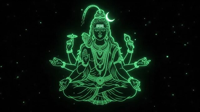 Neon Green Shiva Meditation Illustration With Cosmic Glow And Stars 4K