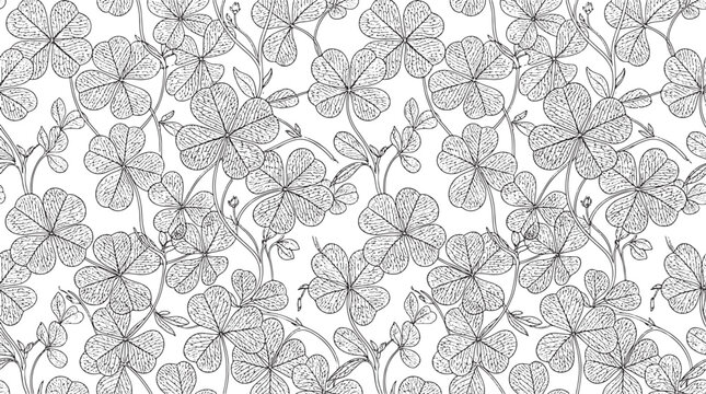 Hand drawn clover leaf pattern with four leaf clovers in a black and white line art style