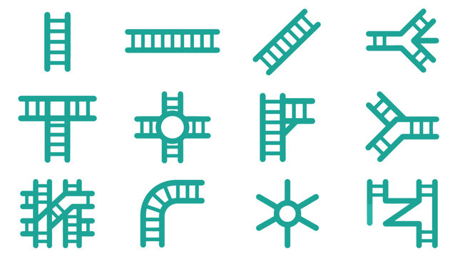 Collection of twelve teal colored minimalist map and infrastructure icons featuring various junctions, intersections, ladder-style paths, and navigation symbols on a plain white background.