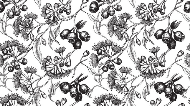Hand drawn eucalyptus branch pattern with leaves and gum nuts in black and white ink illustration style