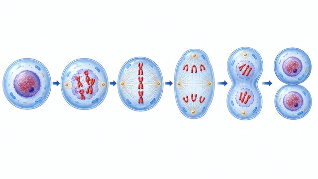 Scientific illustration showing the process of cell division or mitosis in a biological organism.