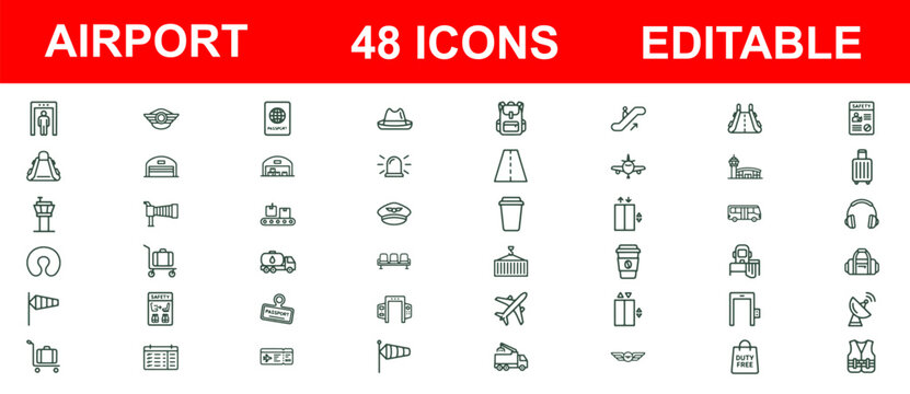 Set of 48 clean and simple airport transportation and service icons isolated on white background, Vector, illustration