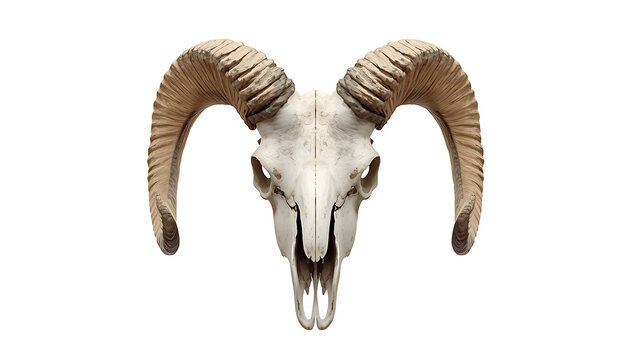 Ram Skull with Large Curved Horns Isolated on White Background