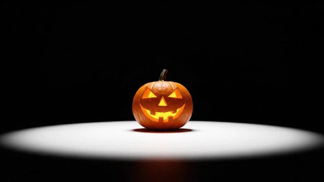 Glowing jack o lantern pumpkin sits on a spotlight stage in this spooky horror themed halloween motion video clip animation