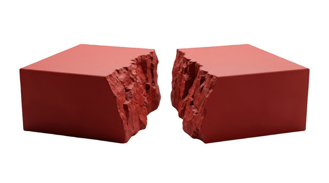 One broken red square block divided into two separate pieces with a rough textured interior