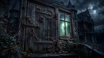 Fototapeta premium Spooky Haunted House Wooden Door with Cobwebs, Creepy Abandoned Mansion Halloween Concept 