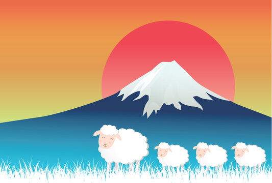 A Peaceful Illustration of Sheep Near Mount Fuji at Sunset