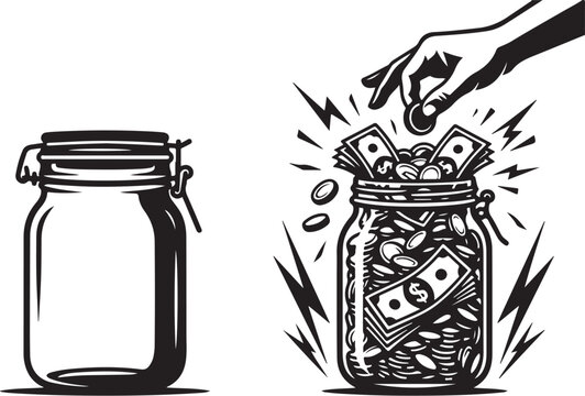 Vintage money jar vector illustration, hand putting coin in glass jar full of cash, empty and full savings jars for finance concepts