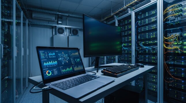Laptop with data analytics charts and monitoring graphs screen on desk with external monitor in server room data center