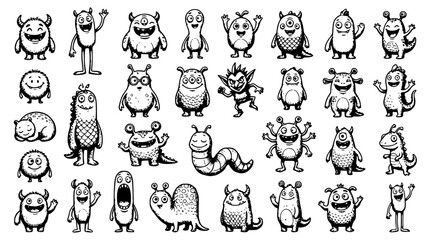 Fototapeta premium Monster set with whimsical characters in doodle style featuring funny faces, varied poses, and unique designs with black and white illustration and hand-drawn texture